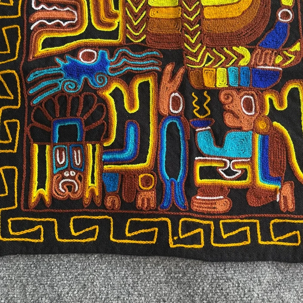 Vintage Peruvian Hand Embroidered Textile Wall Hanging Andean Folk Art Black